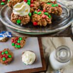 M&M's Butterscotch and Chocolate Puffed Rice Cookies - These no bake holiday cookies are so easy to make and super addictive! Butterscotch Chocolave M&Ms Puffed rice cookies with a creamy Cake batter cheesecake frosting.