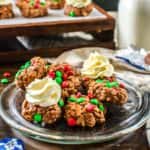 M&M's Butterscotch and Chocolate Puffed Rice Cookies - These no bake holiday cookies are so easy to make and super addictive! Butterscotch Chocolave M&Ms Puffed rice cookies with a creamy Cake batter cheesecake frosting.