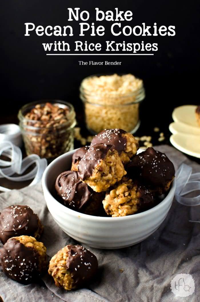 Chocolate dipped No bake Pecan Pie Cookies with Rice Krispies - pack all the nutty deliciousness of your fall-favorite pecan pies! Plus they make excellent gifts for the holidays too. Dairy-free friendly and vegan-friendly.