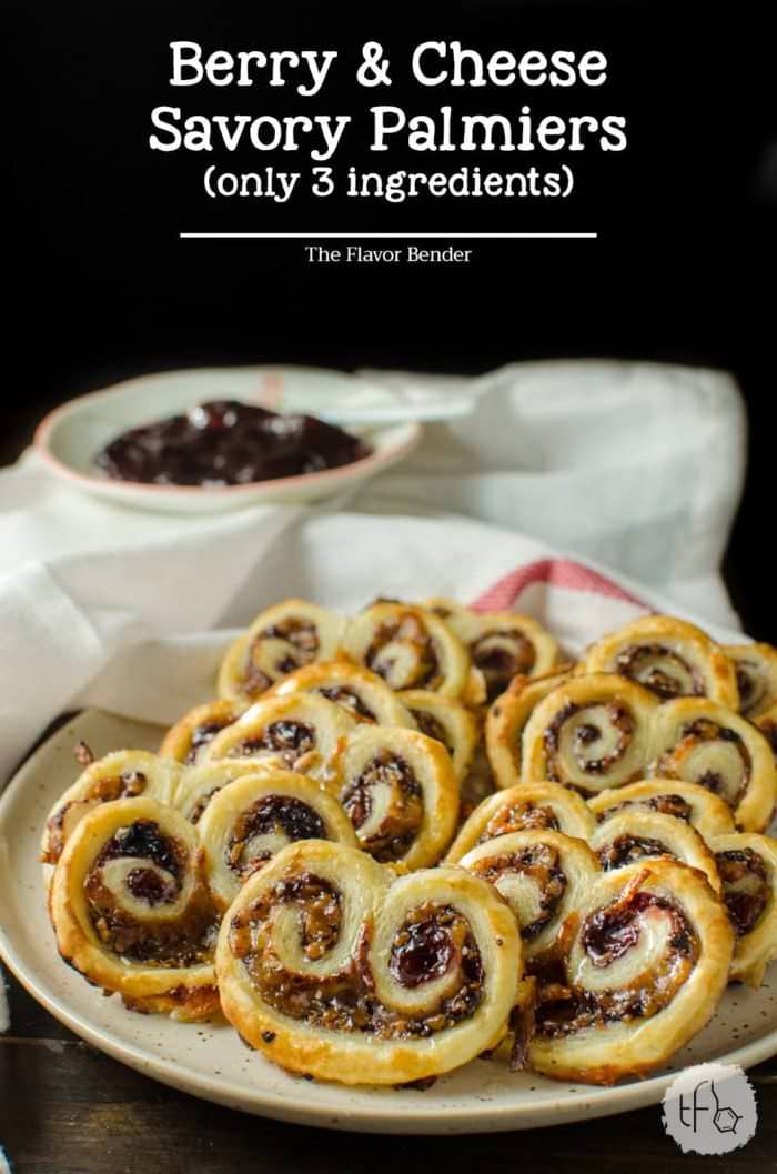 3 ingredient Berry and Cheese Palmiers - Crispy, crunchy, spicy, salty and sweet - these easy, cheesy savory palmiers are a delicious savory twist on the classic. Puff pastry, cheese and your favorite Fruit spread are all you need for this PERFECT party appetizer!