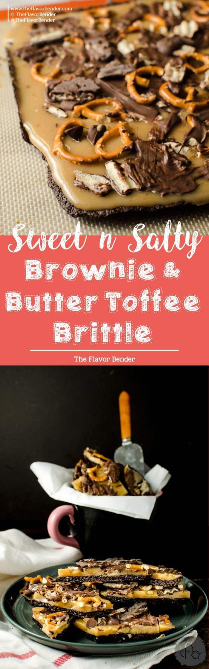 Sweet & Salty Brownie and Butter Toffee Brittle - Chewy chocolate brownie brittle, coated with an addictive buttery toffee layer and then sprinkled with salt, salted pretzel pieces, chocolate and Dark Chocolate Wavy Lays potato chips! Easy, customizable and makes for an excellent gift during the holiday season too!