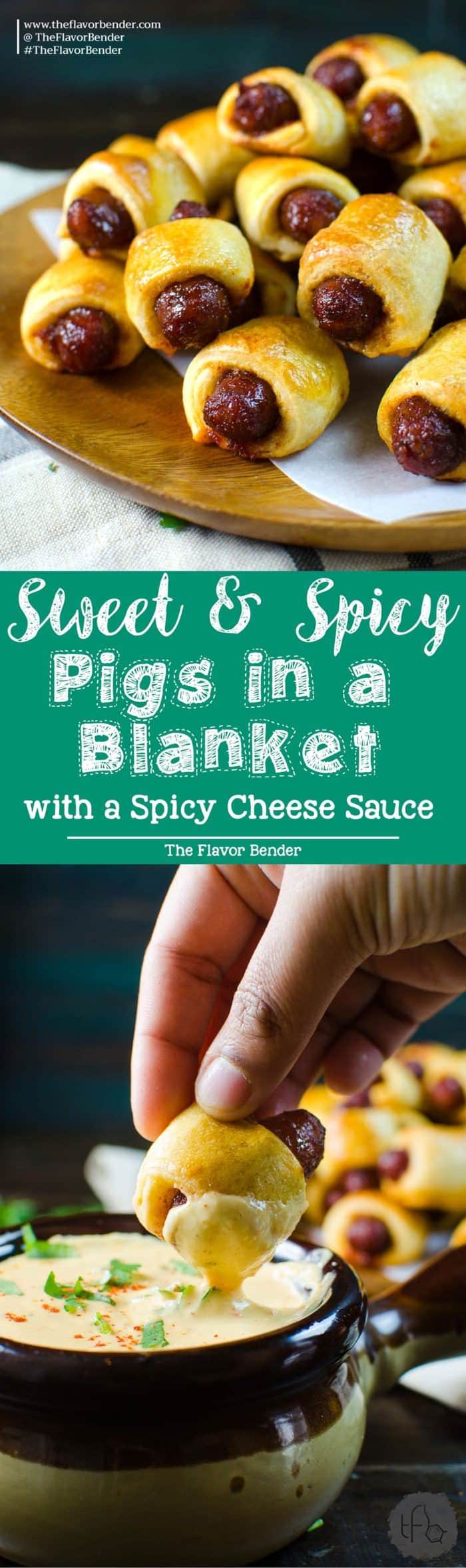 Sweet and Spicy Pigs in a Blanket - Kick up your regular Pigs in a Blanket with this sweet and spicy version served with a creamy spicy cheese sauce, spiced with Habanero and Mustard. Perfect for Holiday Parties, Game day snacks, March Madness or any party! Party food | Appetizers | Pigs in a Blanket | Crescent dough | Nacho Sauce | Cheese Sauce | Game Day | March Madness | Holiday Appetizers