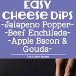 Get your Cheese lovers' party started with these easy Cheesy Dips! - Jalapeno Popper Dip | Cheesy Beef Enchilada Dip | and Apple, Bacon and Gouda Dip. So easy to make, and the gooey melted cheese will win over anyone's heart!