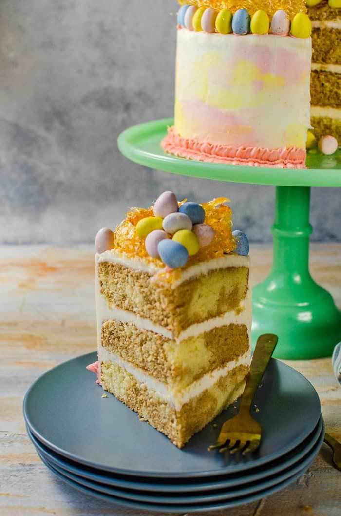 Chai and Vanilla Cake with soft, fluffy Vanilla Buttercream frosting - A spectacular swirled Easter cake with a gorgeous pastel watercolor effect, decorated with Easter eggs, chocolate bunnies and a caramelized nest on top! A sunny, happy and outrageously delicious cake to celebrate all of life's special occasions and nostalgic memories!