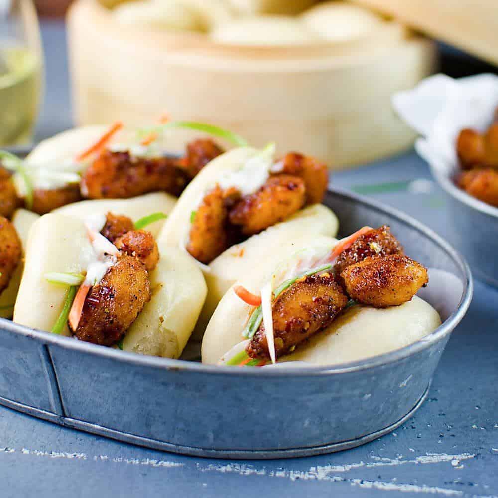 Easy Asian Popcorn Shrimp Bao Buns