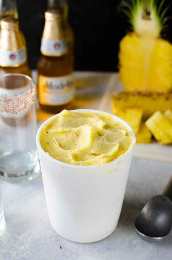 Frozen Pink Peppercorn Pineapple Margarita Shandy - The ULTIMATE summer cocktail, perfect for Cinco de Mayo! Creamy and refreshing pineapple and pink peppercorn sorbet! Great on it's own too!