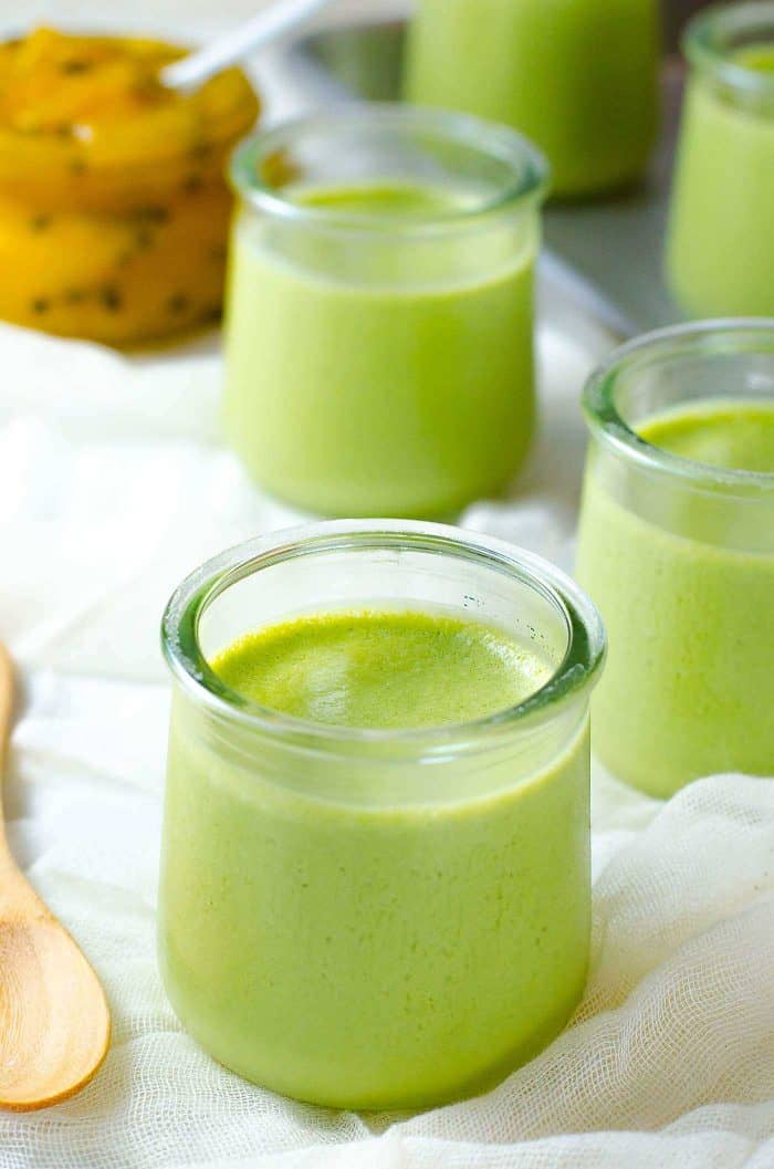 Creamy Matcha Panna Cotta (Green Tea Panna Cotta) with sweet, fruity, tart Passion Fruit Mango Compote. A simple make ahead dessert that is light, refreshing and perfect for parties! 