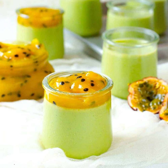 Creamy Matcha Panna Cotta (Green Tea Panna Cotta) with sweet, fruity, tart Passion Fruit Mango Compote. A simple make ahead dessert that is light, refreshing and perfect for parties! 