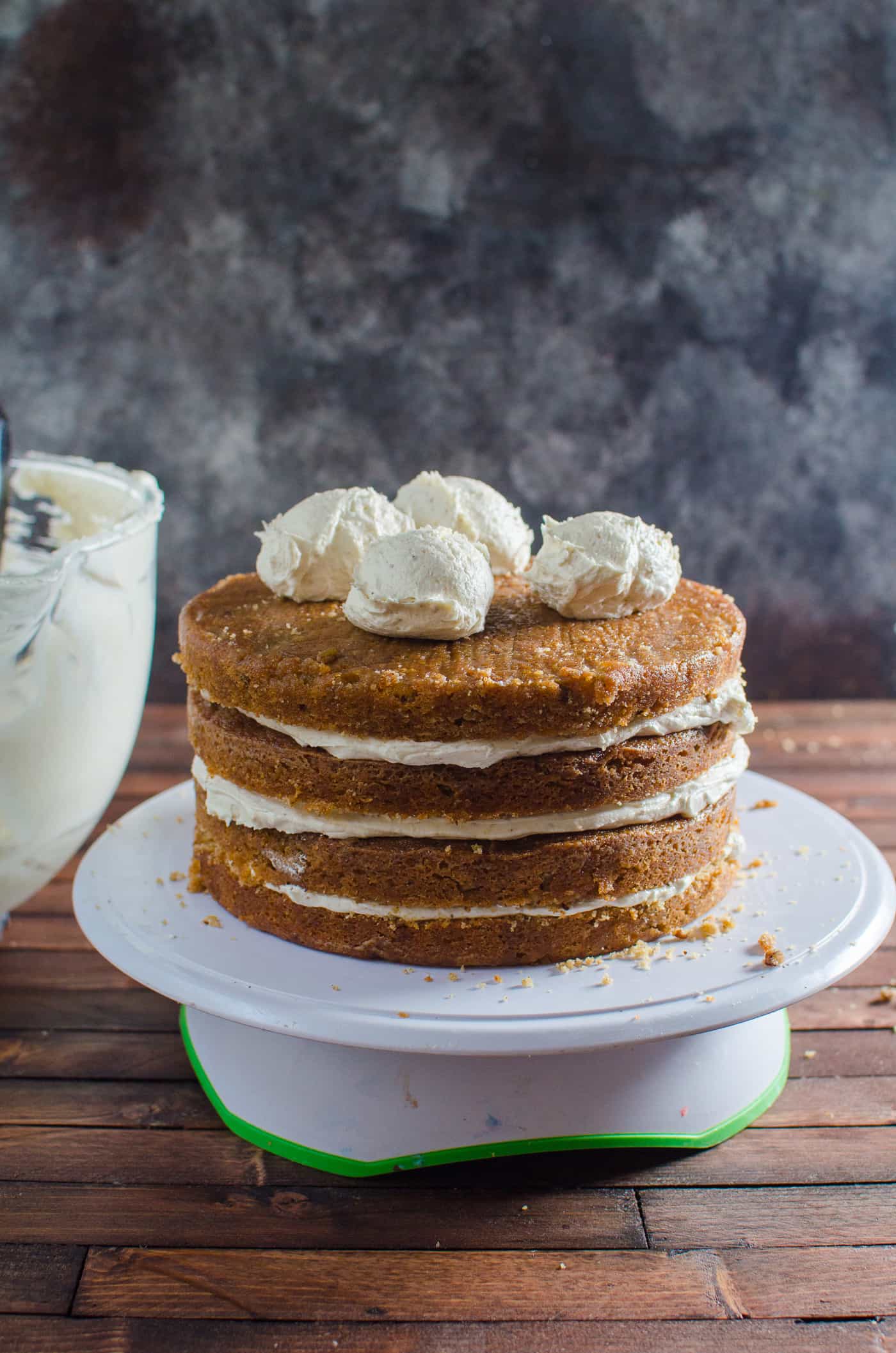 Spiced Bourbon Butter Pecan Cake with Brown Butter Maple Frosting - Layer all the cakes with a thin frosting in between.