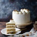 Spiced Bourbon Butter Pecan Cake with Brown Butter Maple Frosting - A fall cake that's perfect for thanksgiving dessert.  Flavors of a pecan pie in a cake with nutty, sweet and spiced flavors. 