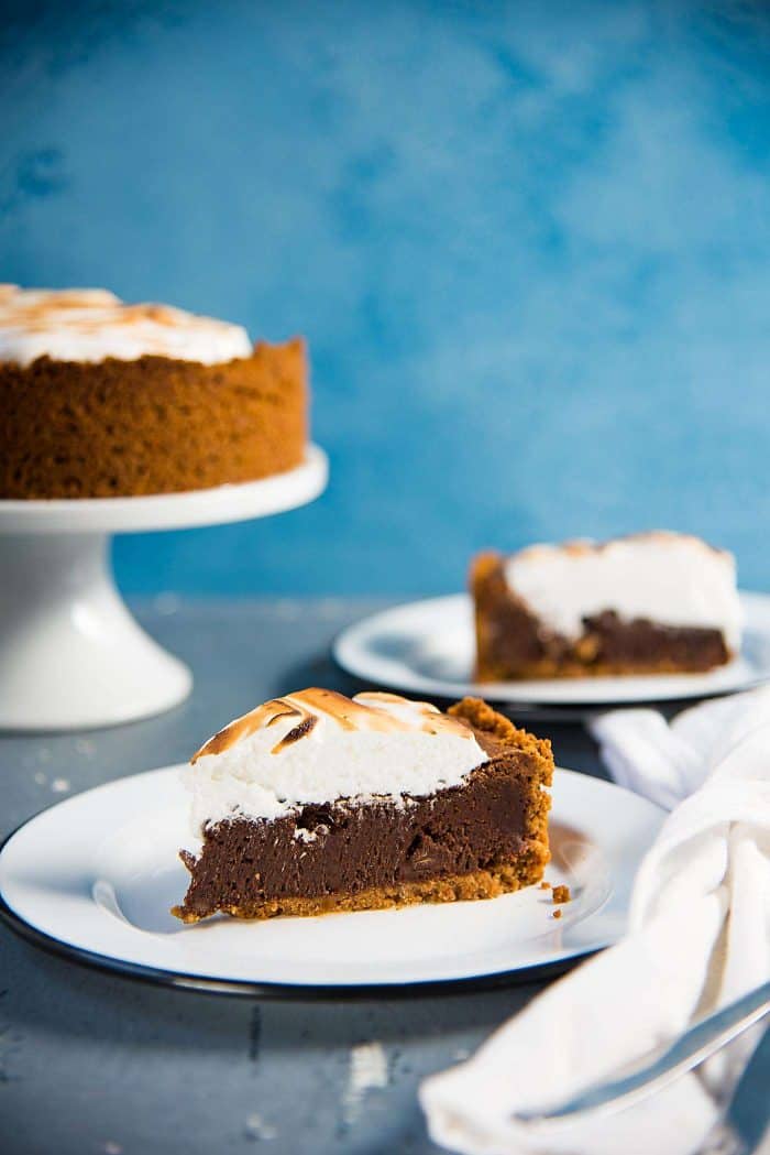 Fudgy S'mores Brownie Pie - A Butterscotch crust, a fudgy chocolate brownie filling and topped with a meringue topping! One of my favorite recipes from my cookbook - Secret Layers Cake! 