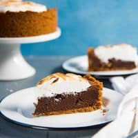 Fudgy S'mores Brownie Pie - A Butterscotch crust, a fudgy chocolate brownie filling and topped with a meringue topping! One of my favorite recipes from my cookbook - Secret Layers Cake! 