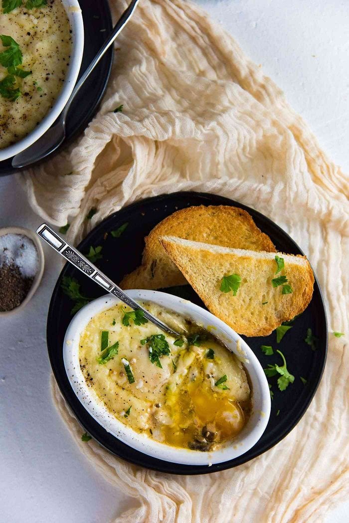Gruyere and Mushroom eggs en cocotte -Making a meal for two? You can add two eggs in a larger ramekin too.