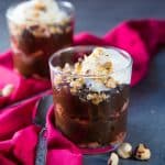 Chocolate hazelnut trifle topped with crunchy hazelnut praline and whipped cream.