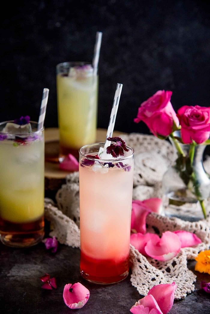 Ginger Rose Fizz - A gorgeous spicy and floral mocktail made with Rose syrup, lemon juice, ginger and club soda! Perfect for Spring and Summer celebrations and especially Valentine's Day.
