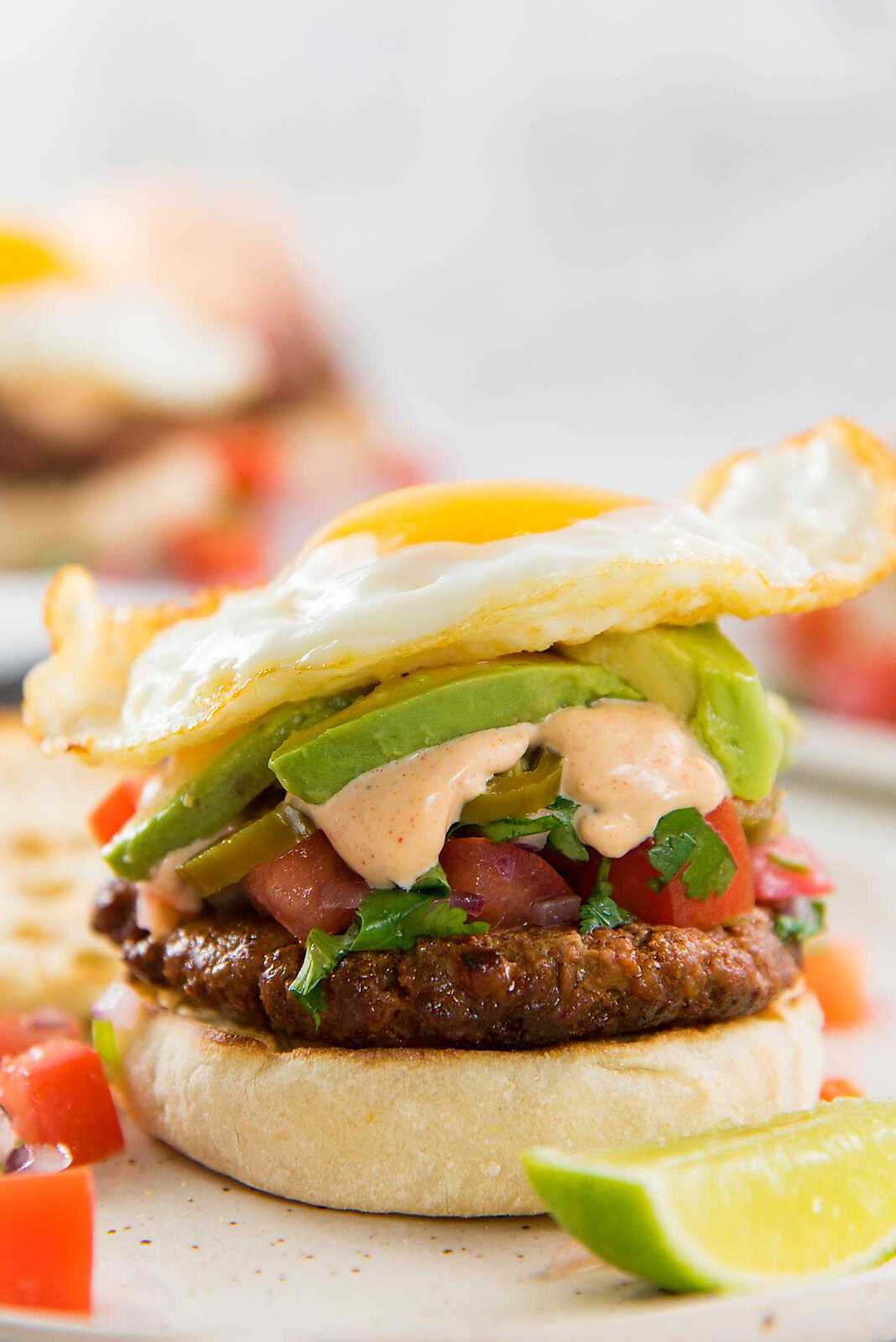 Breakfast Chorizo Burgers - Perfect hearty breakfast, or brunch with spicy chorizo burgers, pico de gallo and a fried egg!