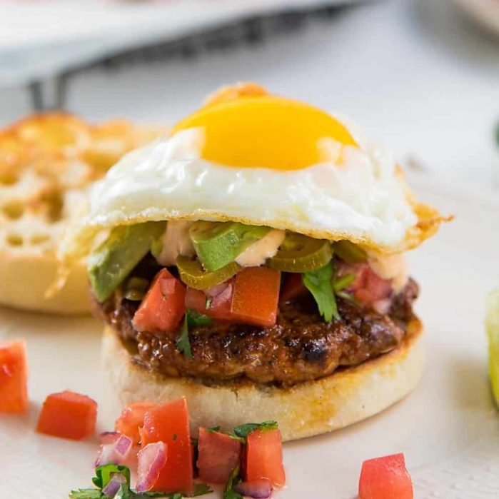 Breakfast Chorizo Burgers - Perfect hearty breakfast, or brunch with spicy chorizo burgers, pico de gallo and a fried egg!