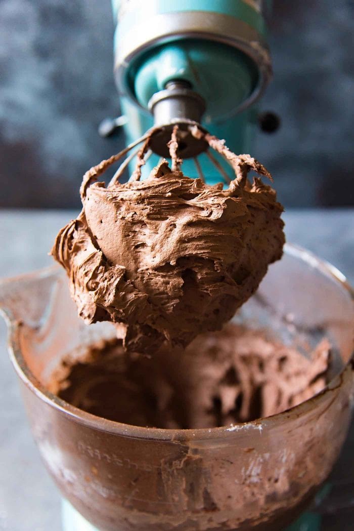 Creamy Chocolate Buttercream Frosting - The frosting will be light, fluffy and creamy after being whisked for 5 minutes. And it's ready to be used. Light, fluffy frosting on the mixer whisk.
