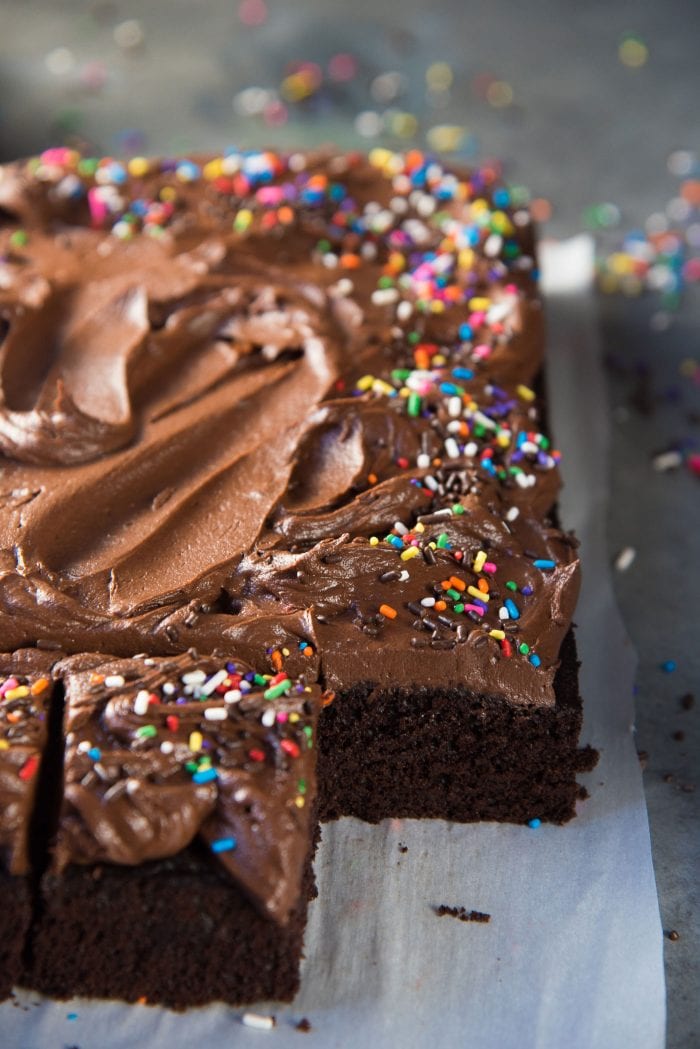 One Bowl Chocolate Cake - A delicious fudgy chocolate sheet cake that is so easy to make. Top it up with a creamy chocolate buttercream frosting. 