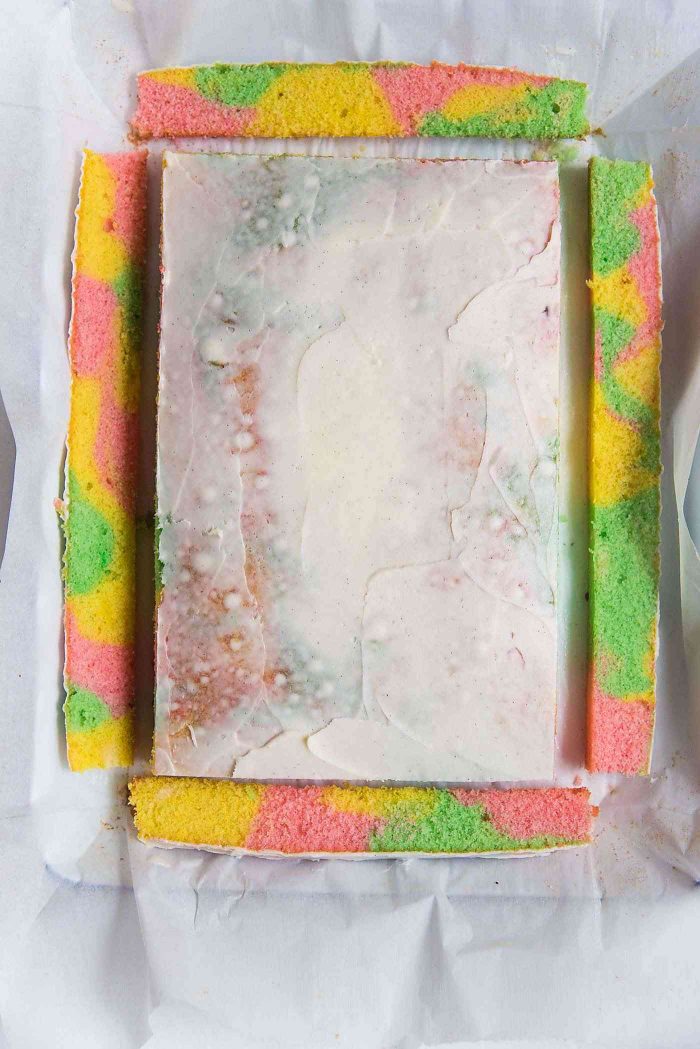 Ribbon Cake (Swirled Pastel Sheet Cake) - After a crumb coating, cut the edges off to make the cake neater.