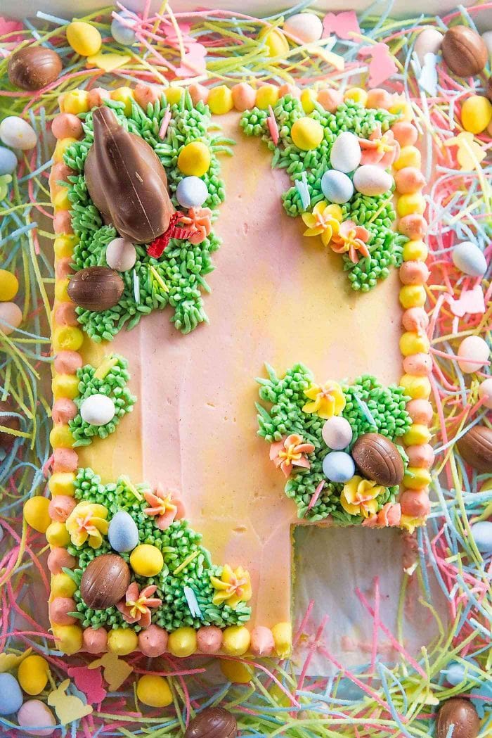 Pastel Easter Sheet Cake - A top view of the Easter cake with all the decorations and presentation.