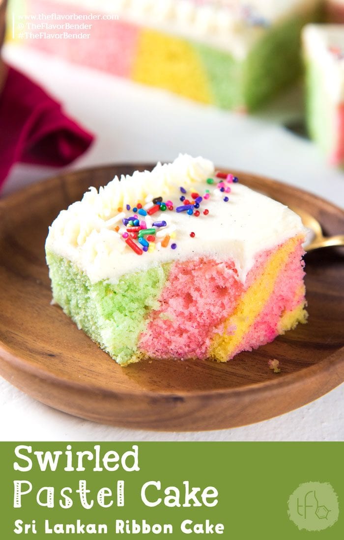 Swirled Pastel Cake (Ribbon Cake) - a delicious vanilla cake with pastel swirls, and vanilla buttercream frosting. Perfect for birthdays, and celebrations like Easter! #SwirledPastelCake #PastelSheetCake #RibbonCake #VanillaCake