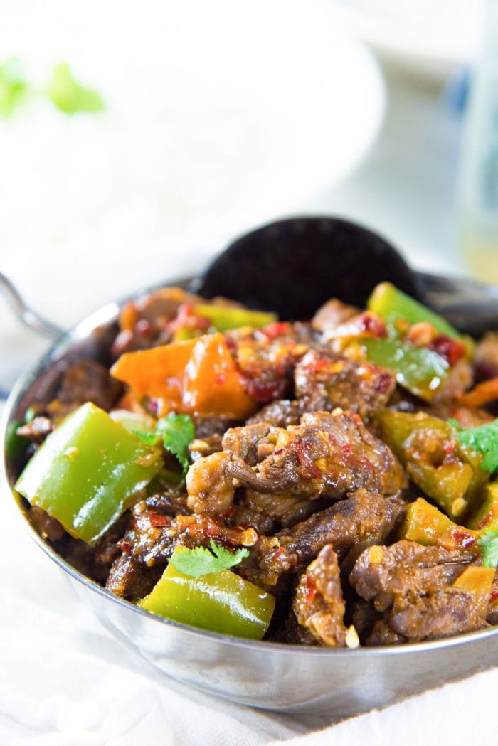 Sri Lankan Devilled Beef Curry - A delicious spicy dry beef curry that combines Sri Lankan and chinese cuisine with devilishly flavorful results! Can be made with chicken, pork, lamb or mutton as well. 