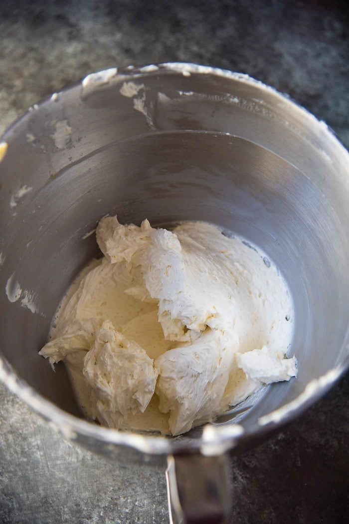 The cool butter should be whipped first to get perfect vanilla frosting. 