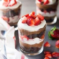 Strawberry Chocolate Brownie Trifle - Layers of fudgy chocolate brownies, chocolate pastry cream with Fresh strawberries and cream! So simple to assemble, and tastes amazing!