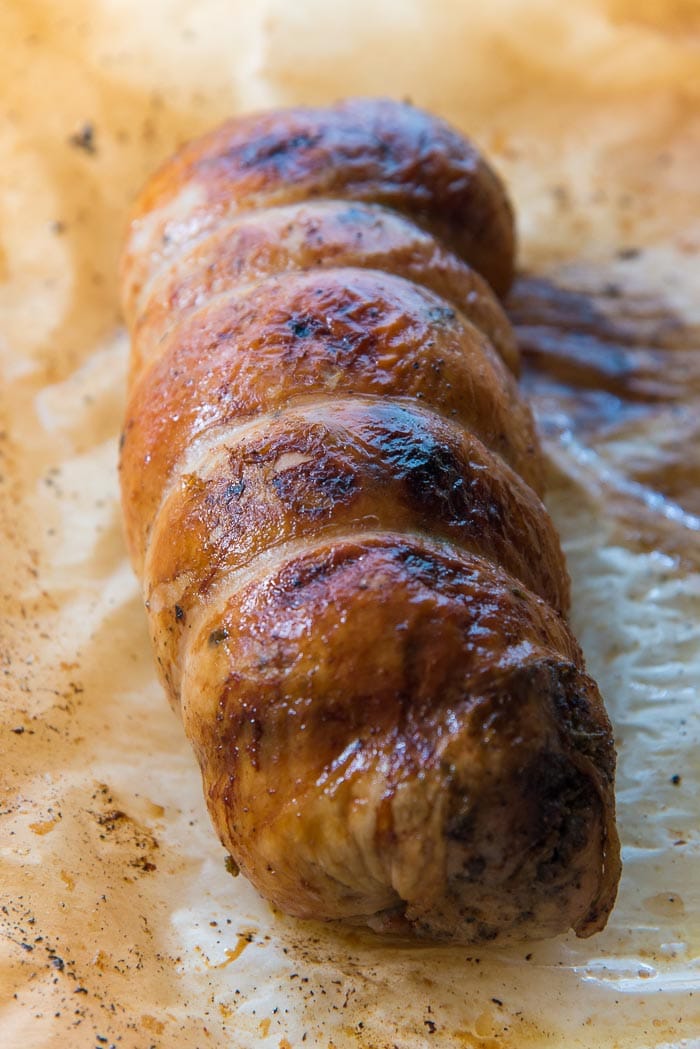 Sous Vide turkey roulade that has been caramelized under the broiler.