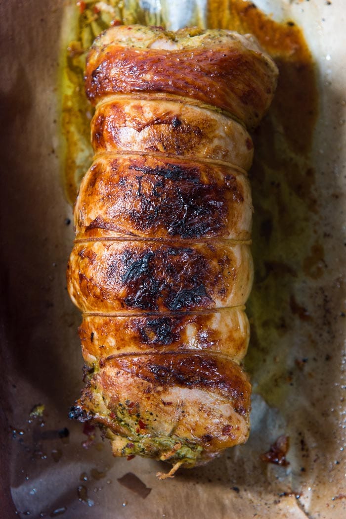 An overhead shot of Sous Vide turkey roulade that has been caramelized under the broiler.