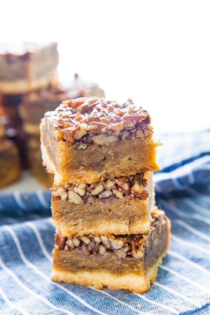 Fudgy Pecan Pie Bars - Classic Pecan pies, but as a bar or slice! A buttery shortbread crust and a fudgy flavorful pecan pie layer. A fantastic and easy dessert for Thanksgiving!