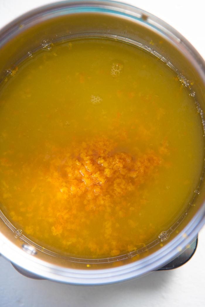 A sugar syrup made with fresh orange juice, and fresh orange zest added to the saucepan. 