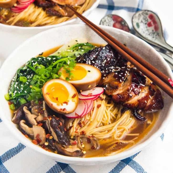 Easy Homemade Chicken Ramen - An incredibly flavorful Chicken ramen with authentic flavors, but easy to make for dinner! Topped with caramelized soy chicken and a ramen egg.