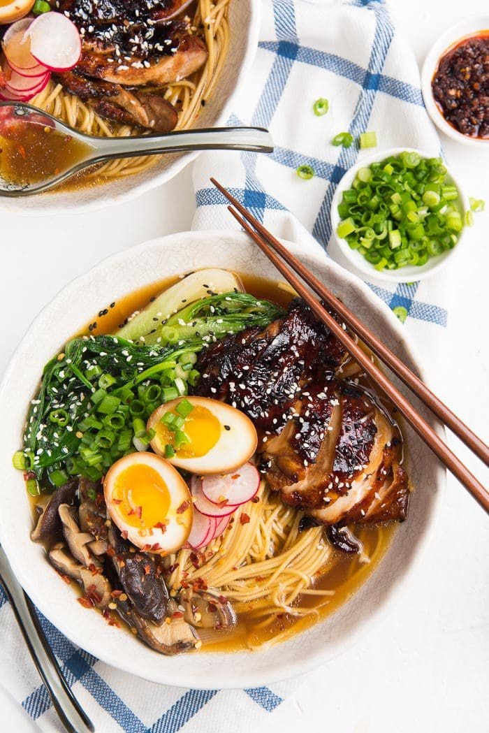 Easy Homemade Chicken Ramen - An incredibly flavorful Chicken ramen with authentic flavors, but easy to make for dinner! Topped with caramelized soy chicken and a ramen egg.