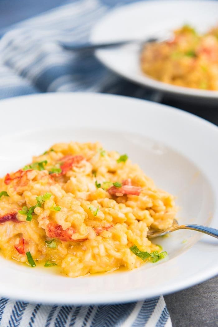 A plate of lobster risotto with a fork in the risotto.