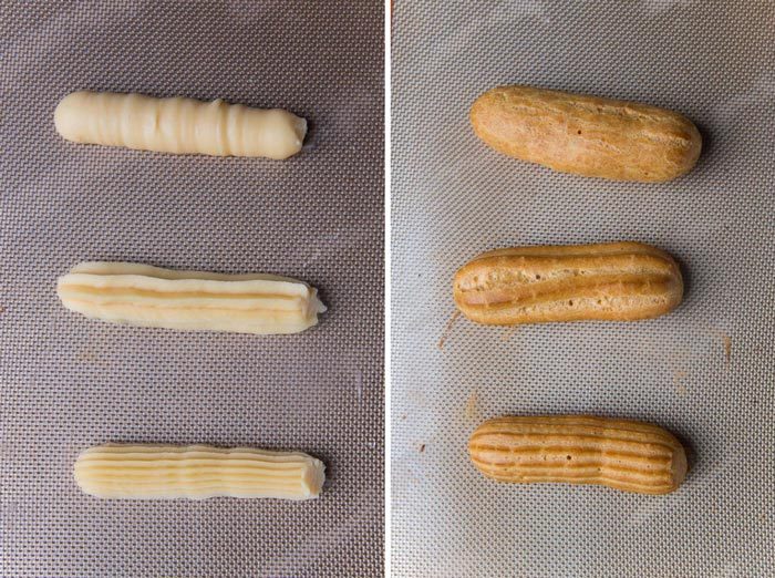 Eclairs piped with different piping tips, to show texture when baked. Round tip, open star tip, french star tip.