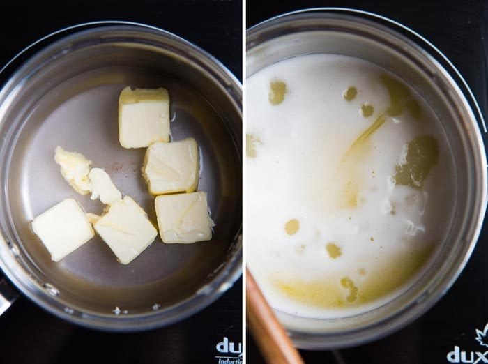 Making Perfect choux pastry step by step - Weighed ingredients in a saucepan in one image, and the butter melted in boiling water in a saucepan in the second image.