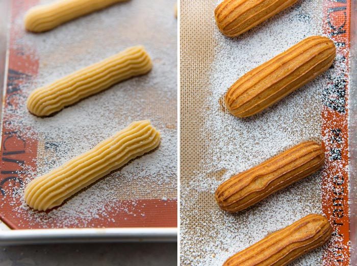 Eclairs encanada com apenas um pouco mais nas bordas, para prevenir de forma oval, eclairs