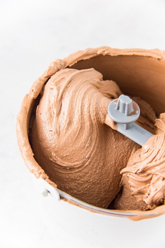 A close up of the creamy homemade chocolate ice cream, freshly churned.