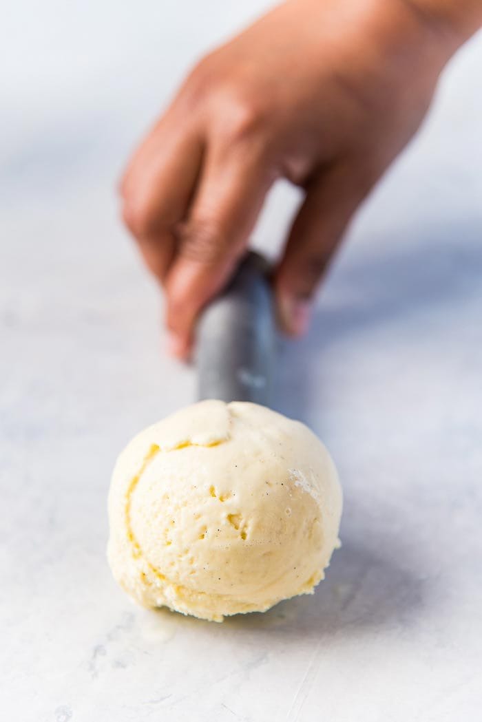A scoop of vanilla ice cream on an ice cream scooper