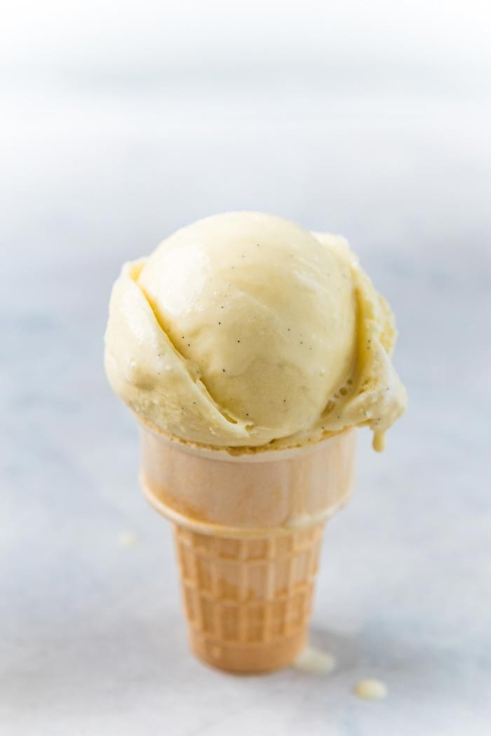 Classic vanilla ice cream scoop with vanilla flecks on an ice cream scoop