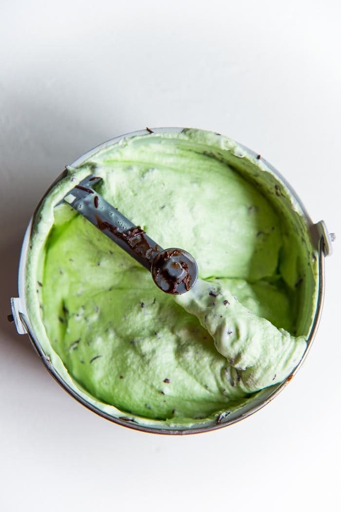 Freshly churned mint chocolate chip ice cream recipe in a container