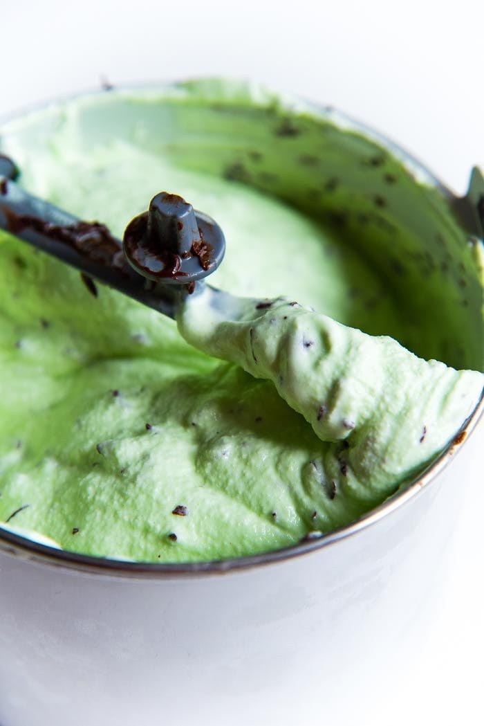 A close up of the freshly churned mint chocolate chip ice cream. 