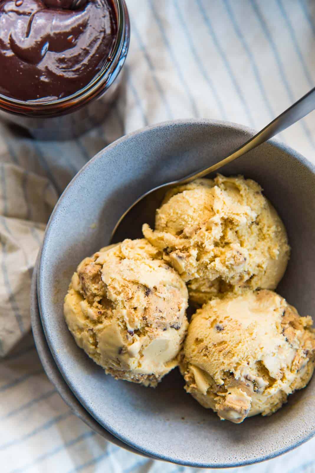 Salted Butterscotch Cookie Dough Ice Cream in a bowl