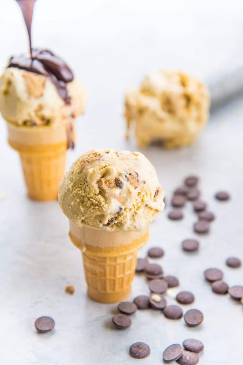 Salted butterscotch cookie dough ice cream recipe served in cones