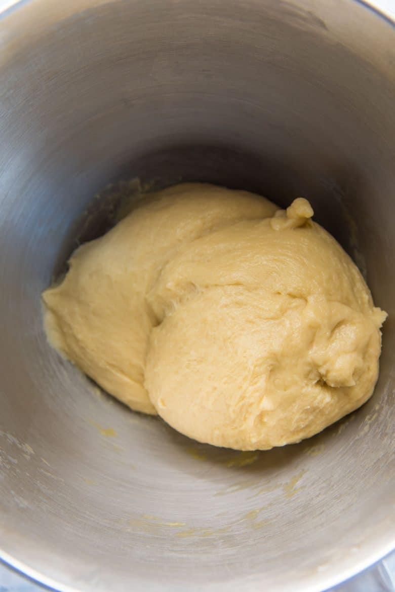 Making the best cinnamon rolls - The dough in the mixer bowl, after kneading