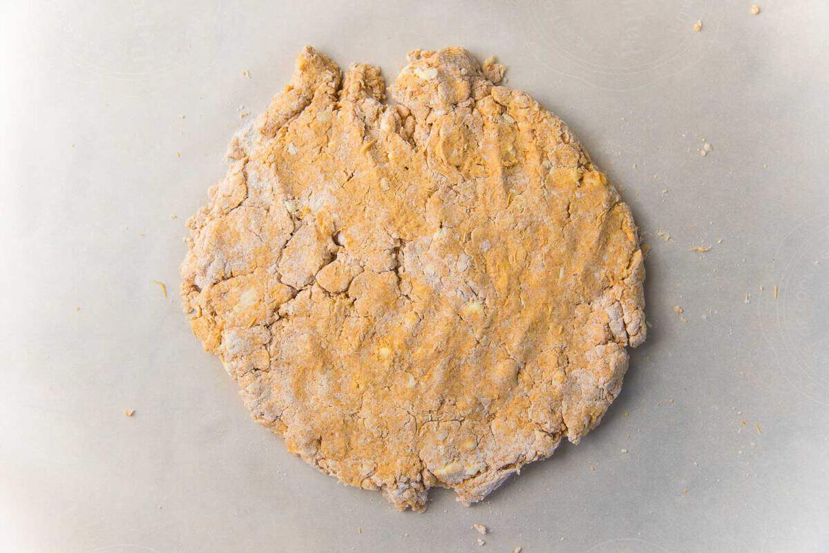 Forming the pumpkin scone dough.