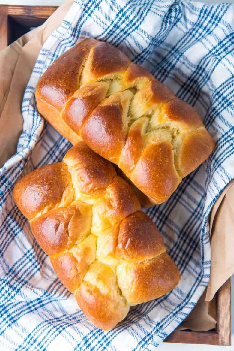 Overhead view of two brioche loaves