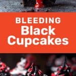 These Bleeding Black Cupcakes are so much fun to make & eat and make perfect halloween cupcakes! Chocolate cupcakes filled with Rose white chocolate ganache. #Halloween #HalloweenCupcakes #TheFlavorBender